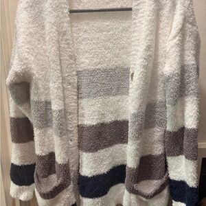 Pink Lily Cozy Striped Cardigan in Cream, Gray, and Brown